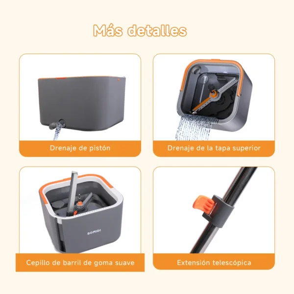 BOMIDI Trapeadores Giratorios Microfibra Mop Cubeta Doble Capa Con Drenaje Y Cepillo De Limpieza